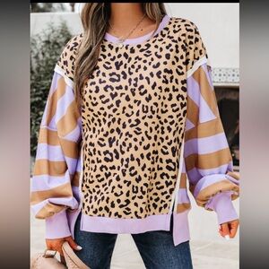 1083. Colorblock leopard striped sweatshirt purple